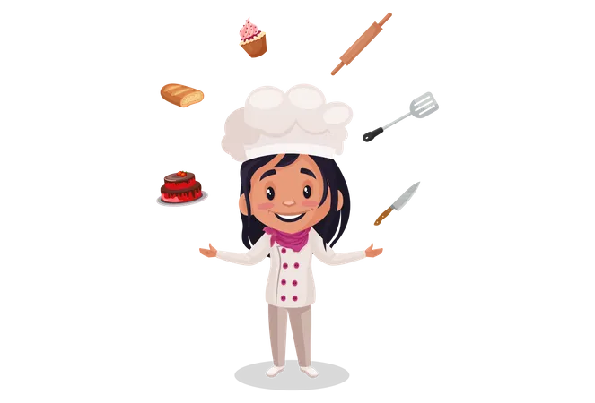 Fille de boulangerie avec des outils de boulangerie  Illustration