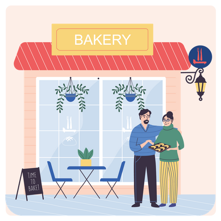 Propriétaires de boulangerie avec assiette de pâtisserie  Illustration