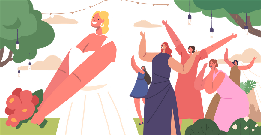 La mariée lance un bouquet de mariage aux invités non mariés  Illustration