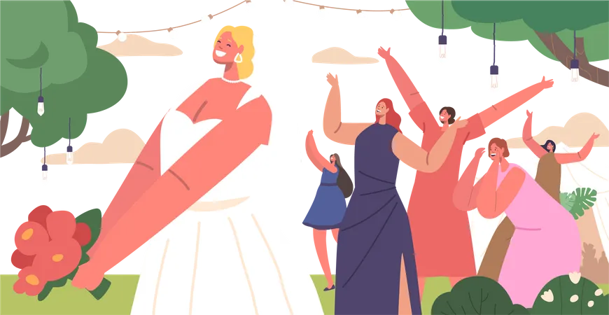 La mariée lance un bouquet de mariage aux invités non mariés  Illustration