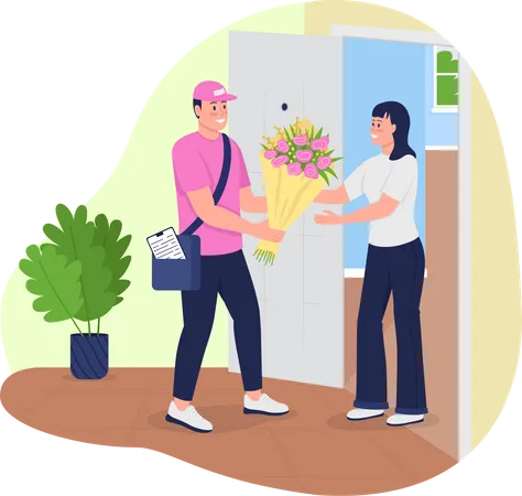 Bouquet Delivery To Home 2 D Vector Web Banner Poster Happy Caucasian Courier And Smiling Woman Flat Characters On Cartoon Background Flower Gift Printable Patch Colorful Web Element Illustration