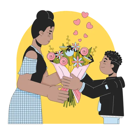 Bouquet Flowers On Mother Day Line Cartoon Flat Illustration Mom And Son African American 2 D Lineart Characters Isolated On White Background Mommy Congrats 8 March Scene Vector Color Image Illustration