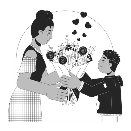 Bouquet Flowers On Mother Day Black And White Black And White Line Illustration Mom Son African American 2 D Lineart Characters Isolated Mommy Congrats 8 March Monochrome Scene Vector Outline Image Illustration