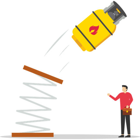 La bouteille de gaz rebondit sur le trampoline en montant.  Illustration