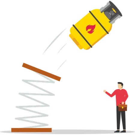 La bouteille de gaz rebondit sur le trampoline en montant.  Illustration