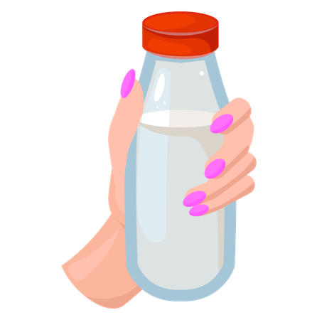 Bouteille en plastique avec bouchon rouge avec du lait à l'intérieur  Illustration