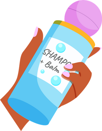 Main féminine tenant une bouteille avec du shampoing et du baume  Illustration