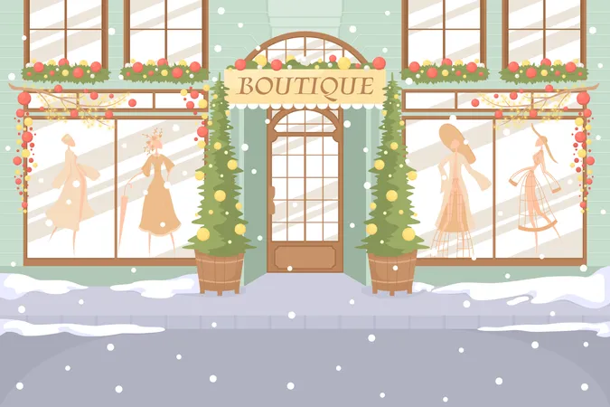 Boutique Facade Flat Color Vector Illustration Xmas Holiday Celebration Wonderland Scene Fully Editable 2 D Simple Cartoon Cityscape With Christmas Scenery On Background Tapestry Regular Font Used Illustration