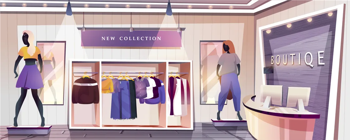 Boutique Shop Landing Page Clothing Store Interior With Wardrobes With Hanging Stylish Clothes And Mannequins In Showcase Shopping And Retail Web Banner Background Cartoon Vector Illustration イラスト