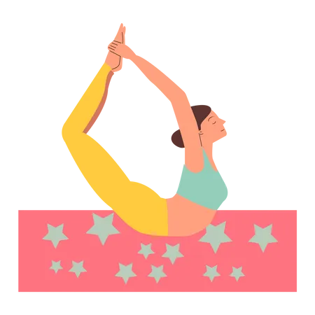 Pose de yoga Bow - femme flexible qui s'étend sur le sol avec les yeux fermés  Illustration