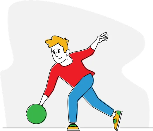 Young Happy Bowler Male Character Wearing Casual Clothing Throw Ball In Bowling Alley Professional Player Sport Game Competition Active Lifestyle Hobby Recreation Linear Vector Illustration Illustration