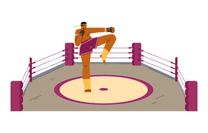 Boxeador masculino em luvas esportivas treina socos de joelho e braço  Illustration