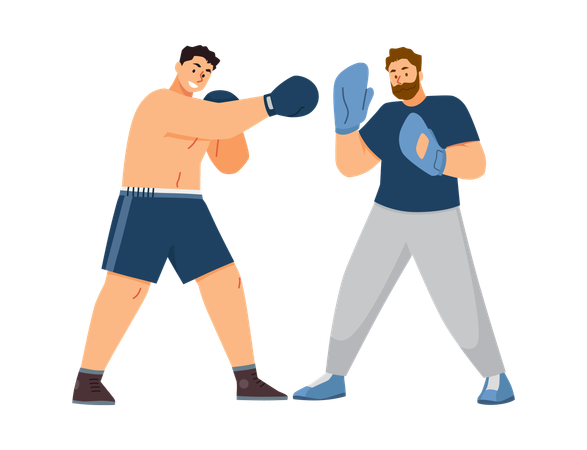 Boxeador profesional haciendo ejercicio con ropa deportiva azul con entrenador  Ilustración