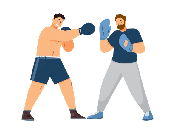 Boxeador profesional haciendo ejercicio con ropa deportiva azul con entrenador  Ilustración