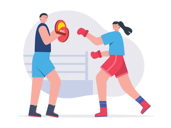 Boxeadora recebendo treinamento do mentor  Ilustração