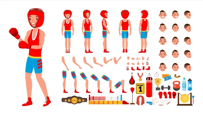 Boxing Player Vector. Animated Character Creation Set. Fighting Sportsman Male. Full Length, Front, Side, Back View, Accessories, Poses, Face Emotions, Gestures. Isolated Flat Cartoon Illustration Illustration