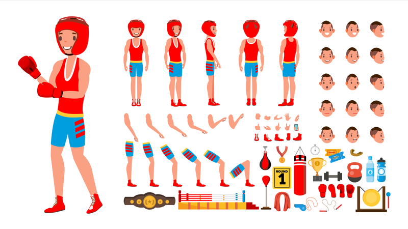 Boxspieler, Vector., Animierter Charakter, Schöpfung, Set., Kämpfender Sportler, Male., Volle Länge, Front, Seite, Rückenansicht, Accessoirs, Posen, Gesicht, Emotions, Gestures., Freigestellt, Flache, Cartoon, Abbildung  Illustration