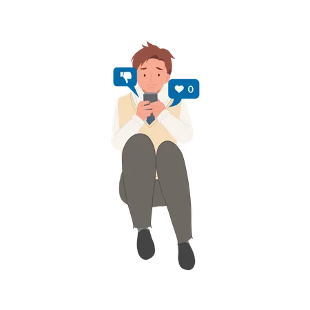 Online Social Addict Concept Asian High School Man Holding Smartphone And Getting Sad Due To No One Give Like To His Picture Flat Vector Cartoon Character Illustration Illustration