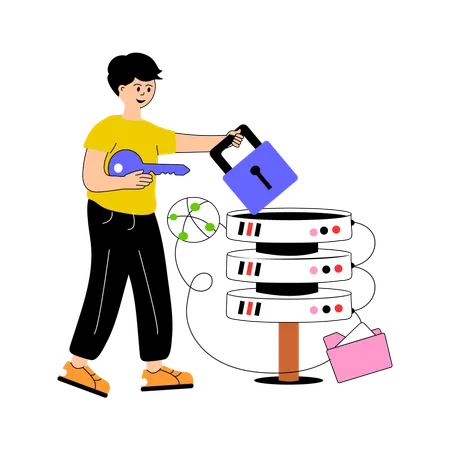 Boy adding password for protection of cloud server  Illustration