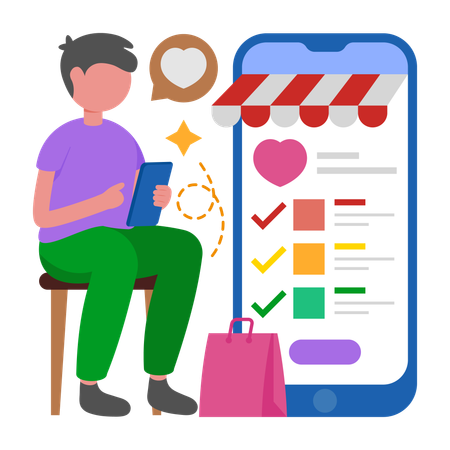 Boy adding product to wishlist  Illustration
