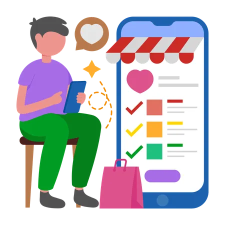 Boy adding product to wishlist  Illustration