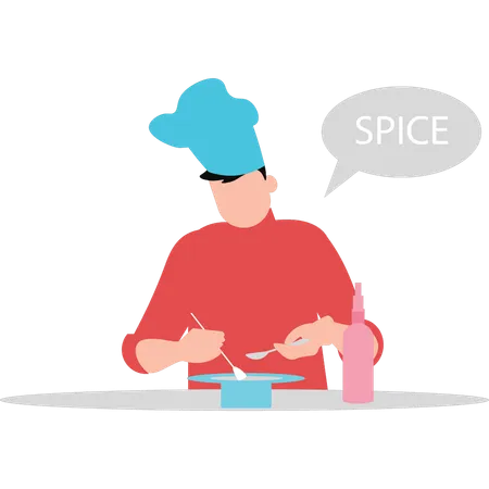 Boy adding spices to food  Illustration