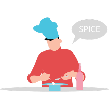 Boy adding spices to food  Illustration