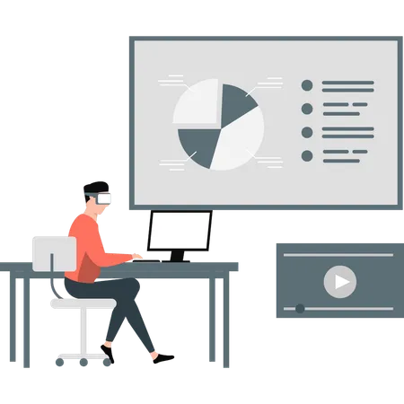 Boy analysing different pie chart  Illustration