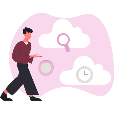 Boy analyzing cloud time  Illustration