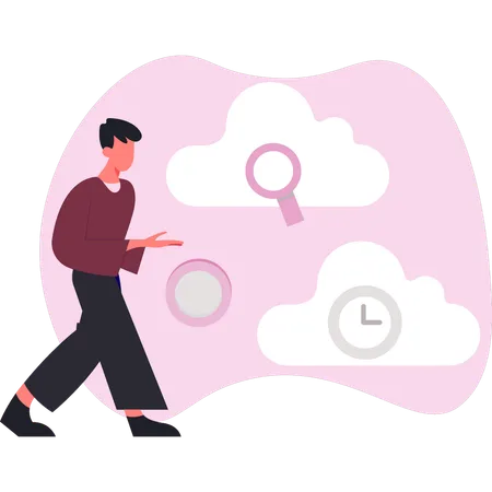 Boy analyzing cloud time  Illustration