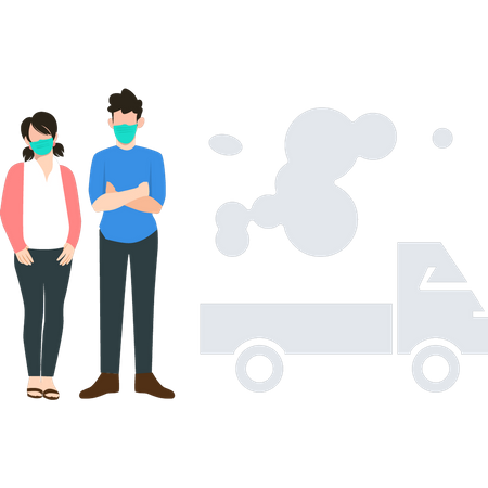 Boy and a girl are wearing masks to protect them from vehicle pollution  Illustration