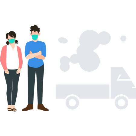 Boy and a girl are wearing masks to protect them from vehicle pollution  Illustration