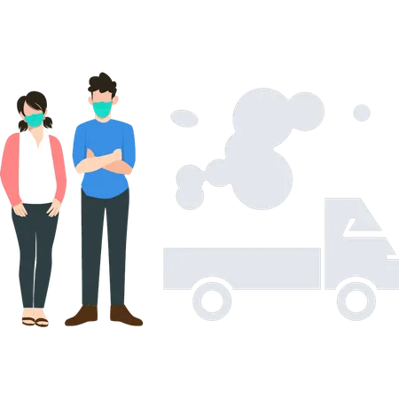 Boy and a girl are wearing masks to protect them from vehicle pollution  Illustration