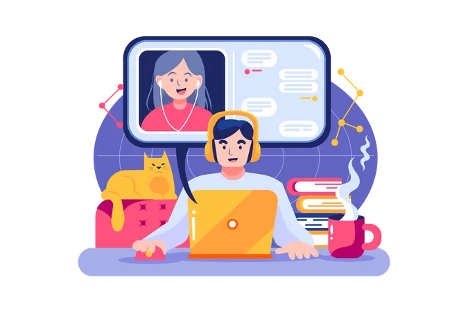 Boy and a girl having online meeting by their laptop  Illustration