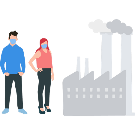 Boy and a girl wearing masks look at the smoke coming out of the factory  Illustration