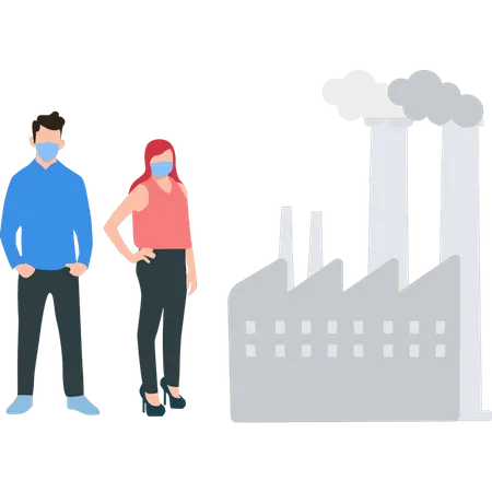 Boy and a girl wearing masks look at the smoke coming out of the factory  Illustration
