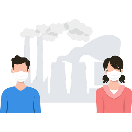 Boy and a girl wearing masks protect themselves from air pollution  Illustration