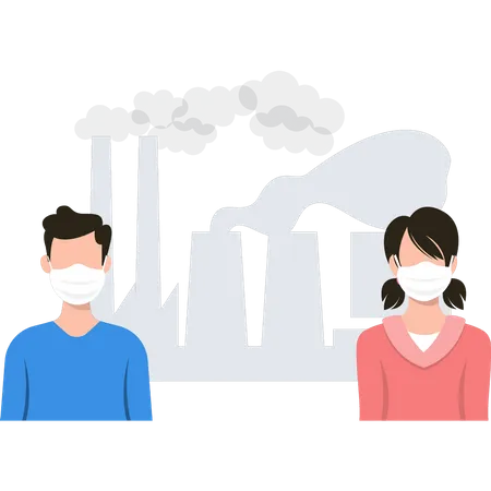 Boy and a girl wearing masks protect themselves from air pollution Illustration