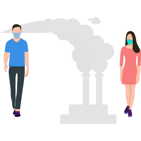 Boy and a girl wearing masks protect themselves from air pollution Illustration