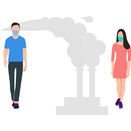 Boy and a girl wearing masks protect themselves from air pollution  Illustration