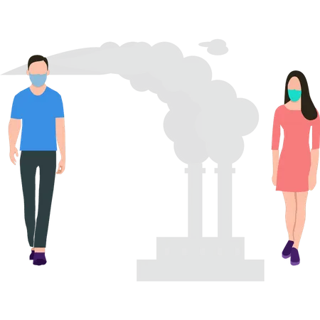 Boy and a girl wearing masks protect themselves from air pollution  Illustration