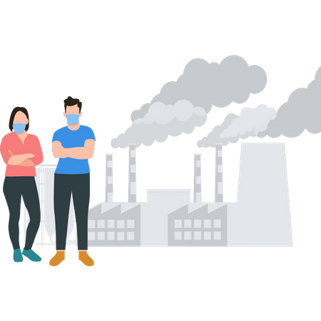 Boy and a girl wearing masks stand outside the factory Illustration