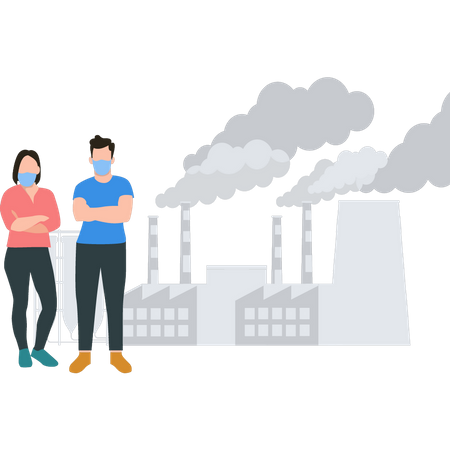 Boy and a girl wearing masks stand outside the factory  Illustration