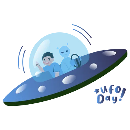 Boy and Alien in ufo  Illustration