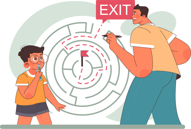 Boy and father finding maze exit way  Illustration