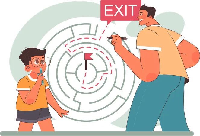 Boy and father finding maze exit way  Illustration