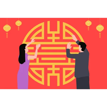 Boy and girl  decorating New Year festival  Illustration