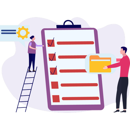 Boy and girl are discussing about list on clipboard  Illustration