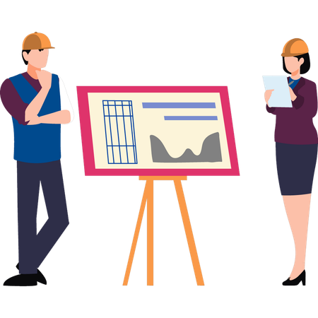 Boy and girl are discussing design on board  Illustration