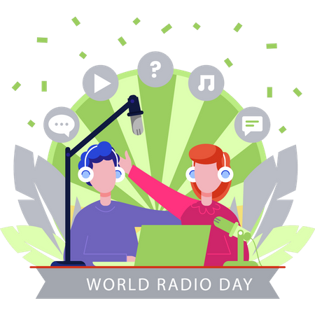 Boy and girl are doing a World Radio Day podcast  Illustration